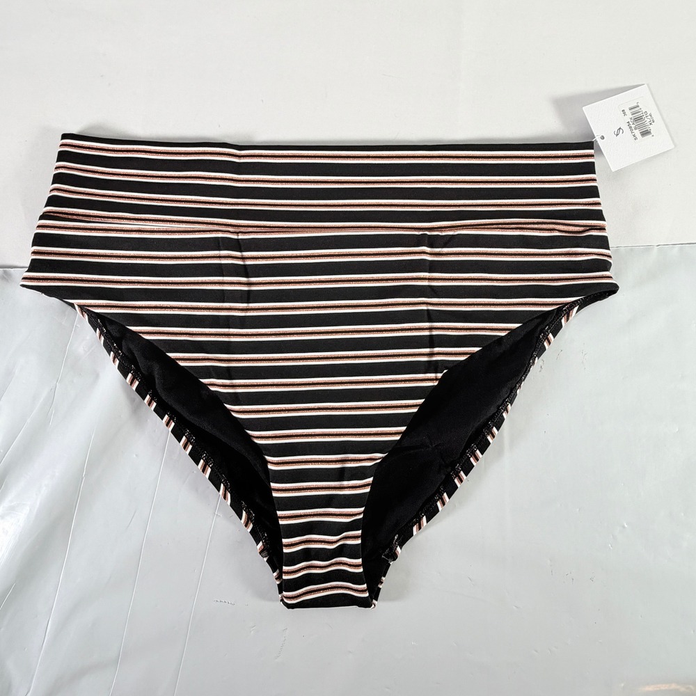 Skye Rachel High Waisted Bikini Bottom Black Copper‎ Stripe XL New